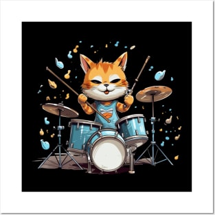 Cool Cat playing on Drums cartoon style Posters and Art